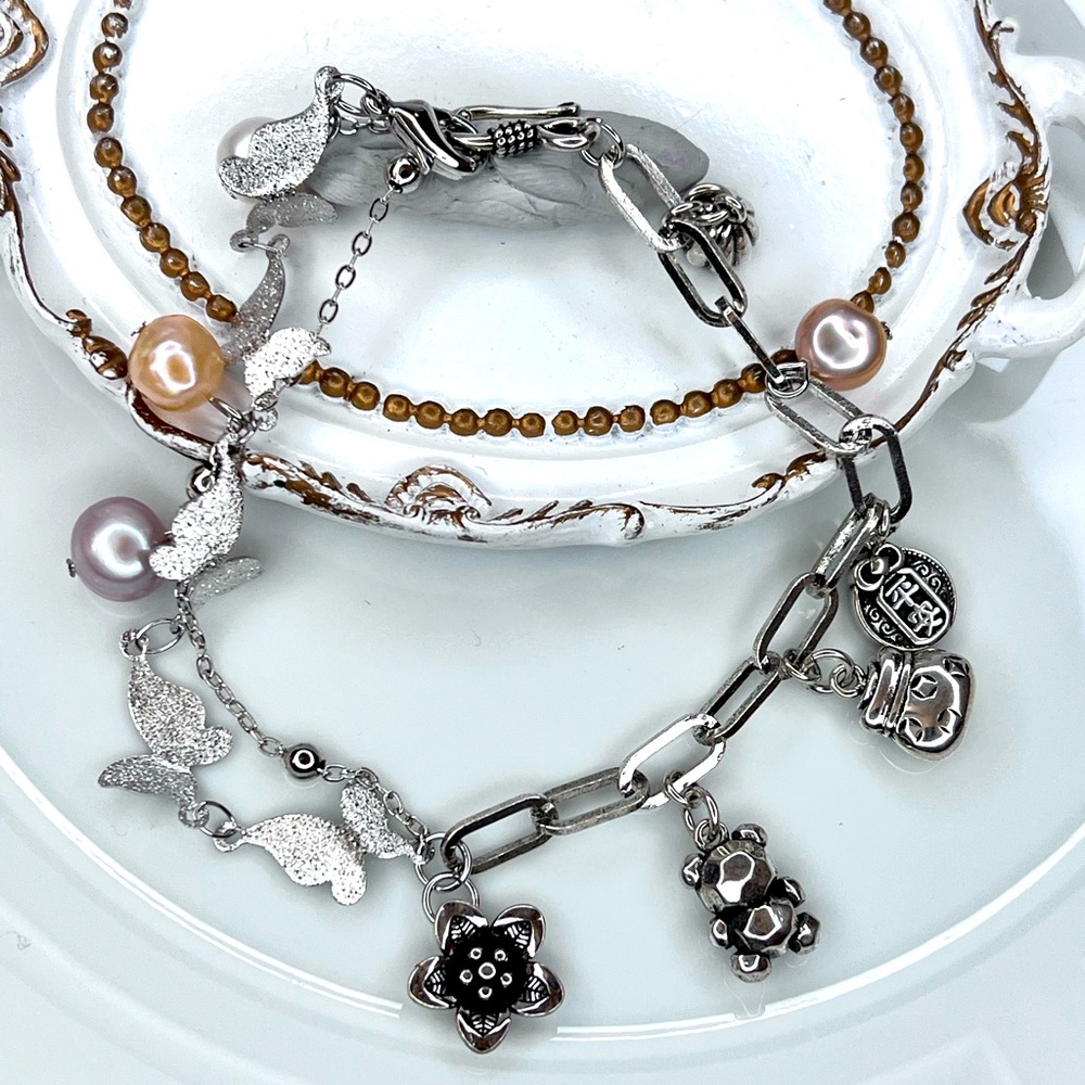 Handmade Freshwater Pearl S925 SS Charm Bracelet 🐻 🌺